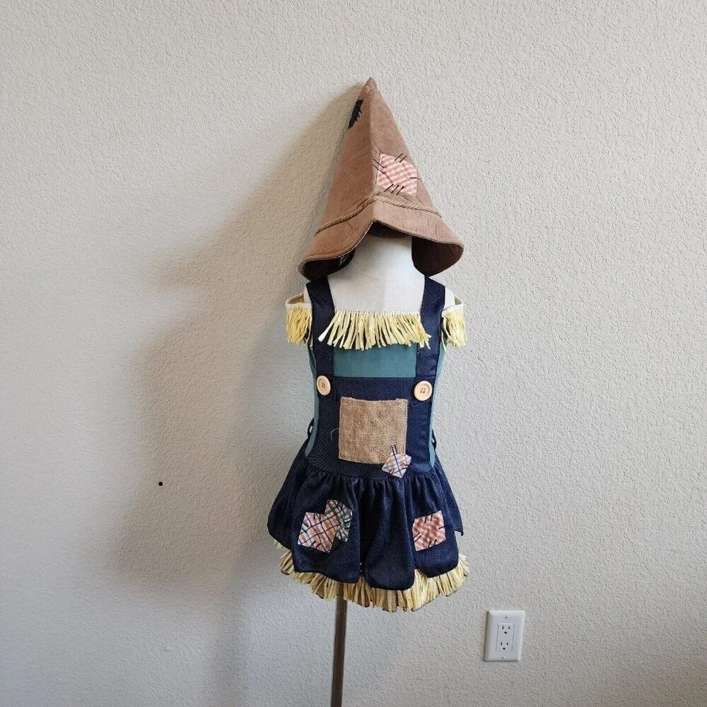 Wizard of Oz Scarecrow Patchwork Straw Hay Dress Halloween Costume w/Hat S/4-6